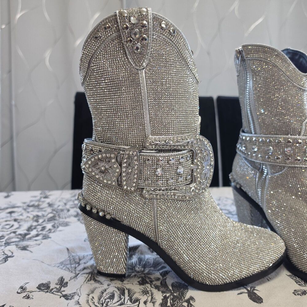 Dolls Kill Sheriff Shine Rhinestone Cowboy Boots - Silver SOLD OUT ROUND TOE!